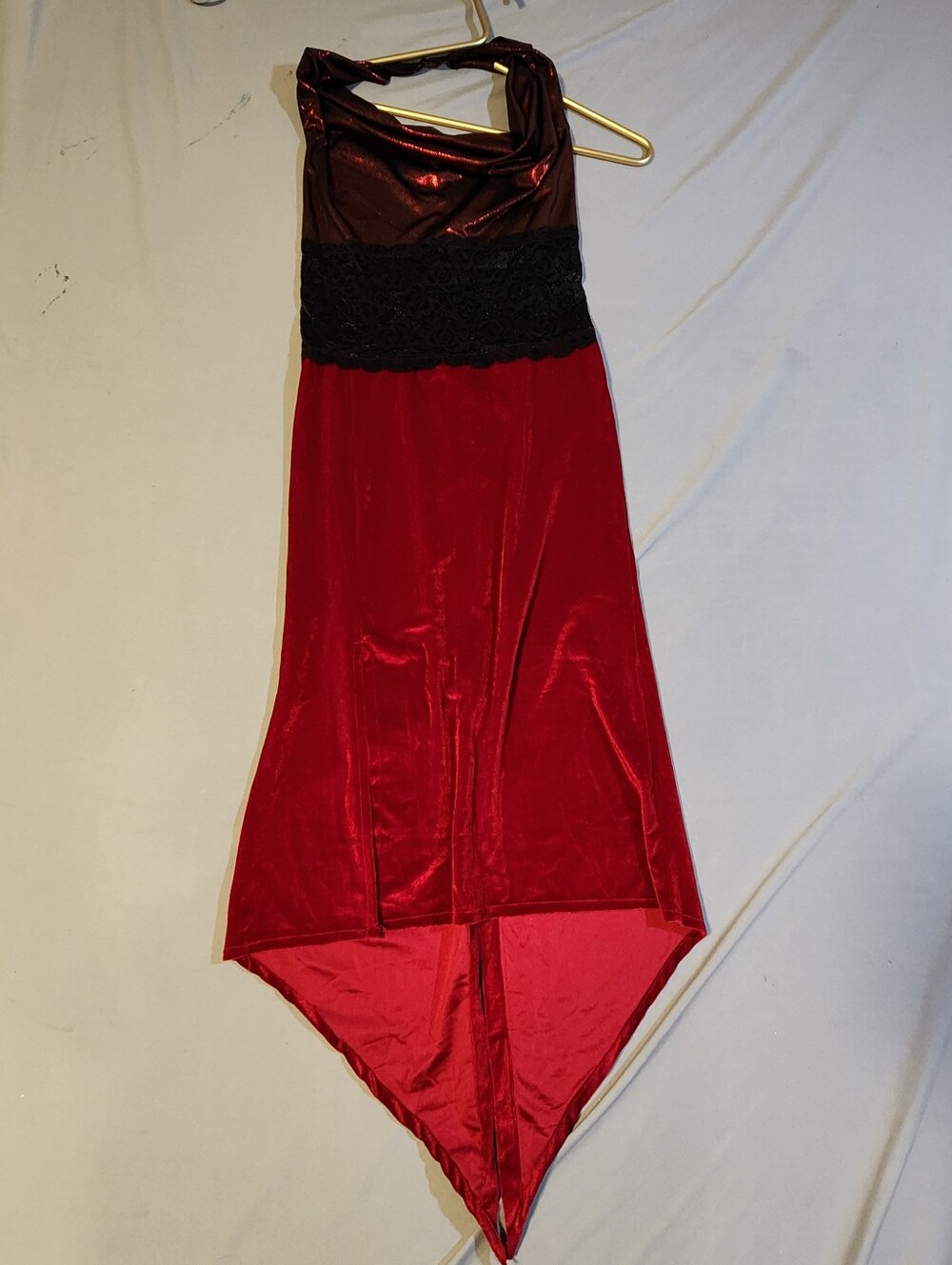 Red Velvet Halter Dress with Black Lace Waist